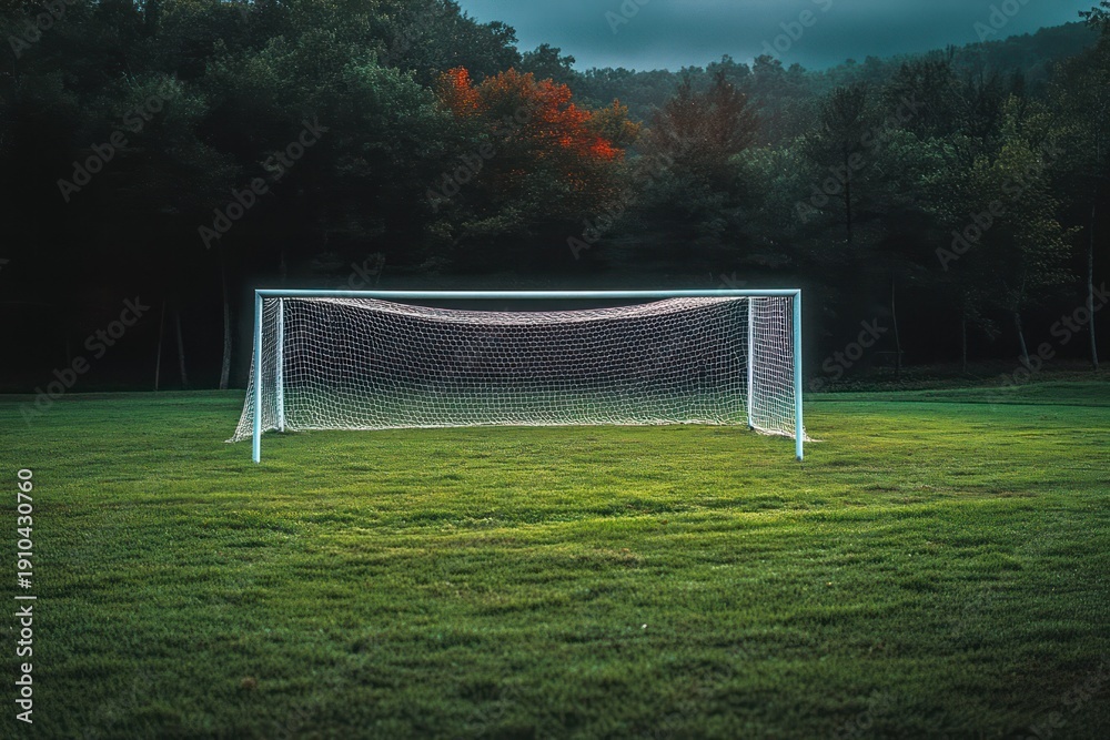 Fototapeta premium Lonely soccer goal on a quiet green field at dusk with a glowing net, dark tree line and a splash of autumn color evoking calm and solitude