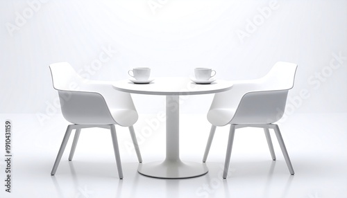 A stark white, minimalist scene. Two sleek chairs and a small round table, perfectly placed with two cups, against a bright white background