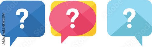 Set of Three Overlapping Colorful Speech Bubble Icons with Question Marks Isolated on White Background for Customer Support Frequently Asked Questions and FAQ Help