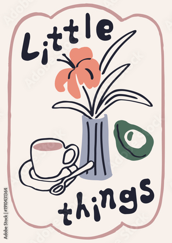 Coffee and flower vase, Dolce vita card design. Morning poster in coquette fr...