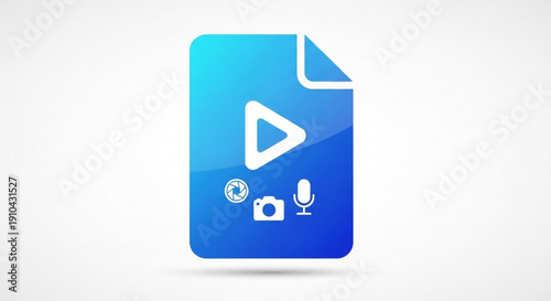 Blue play button icon on a document with camera and microphone symbols for multimedia content