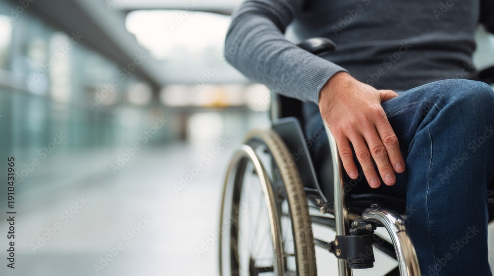 Obraz premium Man seated in wheelchair inside modern public space during daytime with natural light coming through windows