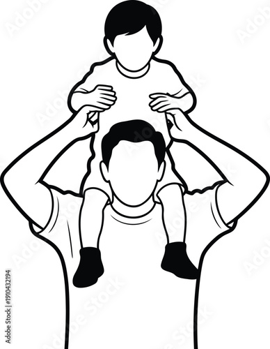 Father holding child on shoulders, parent and kid outline vector art