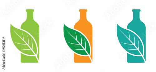 Vibrant eco friendly bottle designs with leaves for sustainable branding and marketing materials, conveying a natural and environmentally friendly message