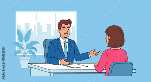 A smiling businessman in a suit conducts an interview with a woman in an office setting