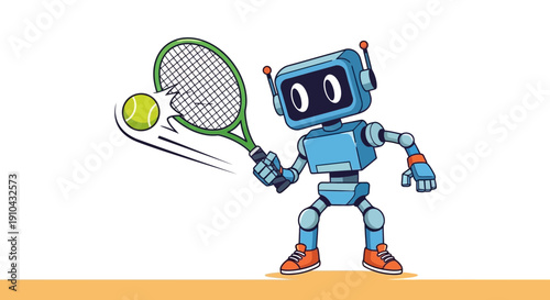 Blue robot playing tennis with a bright yellow ball and green racket