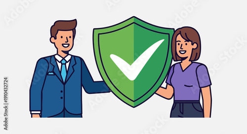 Man and Woman Holding a Green Shield with a Check Mark, Symbolizing Security and Approval