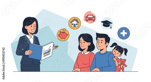 Financial advisor presents wealth management plan to a family with icons for savings house car and education goals