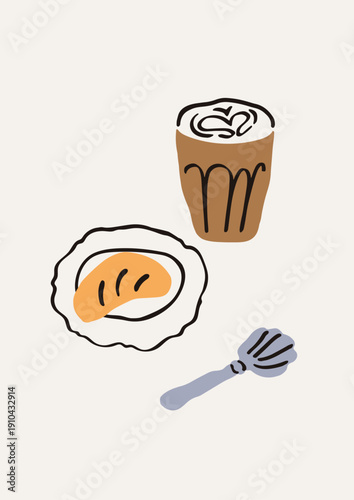 Coffee glass and sweet dessert, doodle drawing card. Cappuccino cup and pastry snack, spoon in whimsical sketch scribble style. Morning capuccino, breakfast poster. Hand-drawn vector illustration