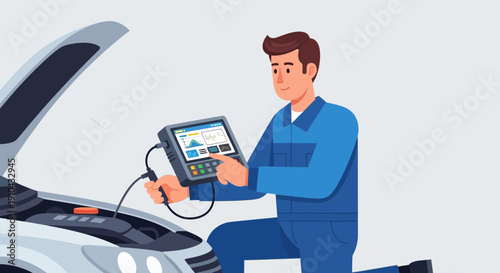 Automotive mechanic performing car engine diagnostics with a digital tool