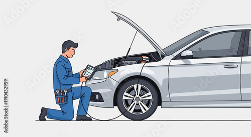 Automotive mechanic with tablet diagnosing car engine in workshop