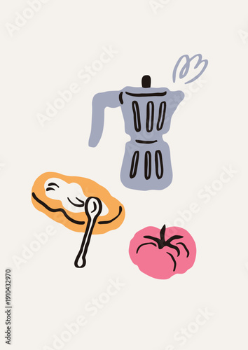Coffee and snack, breakfast poster. Italian moka pot, morning food and espres...