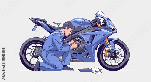 Skilled Mechanic Performing Maintenance on a Blue Sportbike Motorcycle in a Workshop