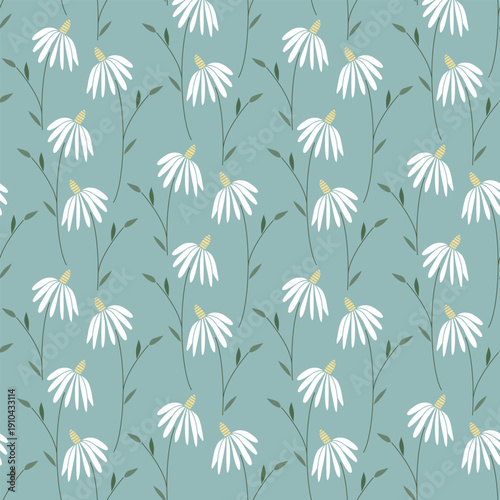 Delicate daisy seamless pattern. Natural background with hand drawn flowers camomile. Cozy floral print for wallpaper, textiles, fabric, packaging and design. Vector graphics