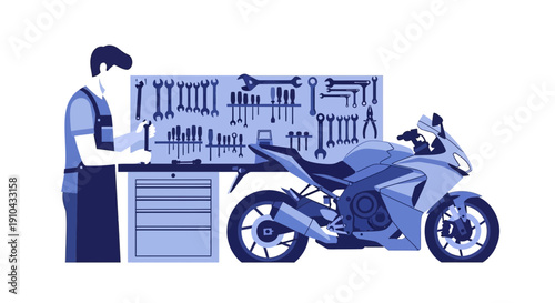 Motorcycle repair in a workshop with a mechanic and tools