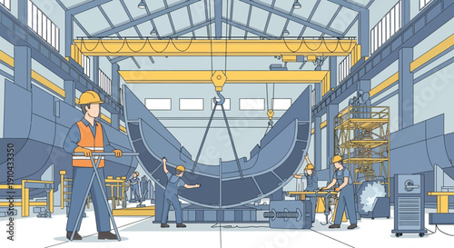 Shipyard workers assembling a large hull section with overhead cranes and industrial equipment