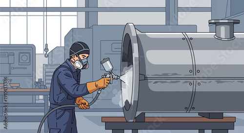 Industrial worker spray painting a large metal component in a manufacturing facility