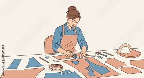 Skilled tailor meticulously cuts fabric patterns for apparel design on a worktable.