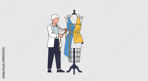 Fashion designer measuring a dress on a mannequin with pins and measuring tape in a studio setting