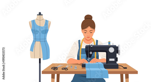 Skilled dressmaker crafting blue garment on sewing machine with mannequin and tools