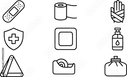 First aid and medical supplies icon set. Minimalist line art collection featuring bandages, antiseptic, medical tape, and injury care symbols for healthcare and safety design.