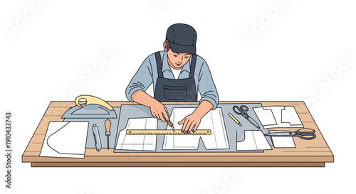 Skilled tailor meticulously cutting fabric patterns on a workbench with tools for garment creation