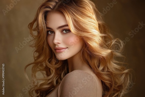 soft warm portrait of a woman with flowing golden curls in a beige sweater, serene and elegant mood