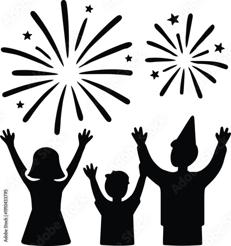 People celebrating with fireworks above on transparent background, black silhouette vector