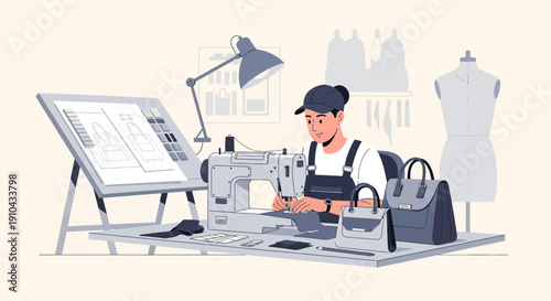 A fashion designer skillfully operating a sewing machine to craft handbags in a well-lit studio.