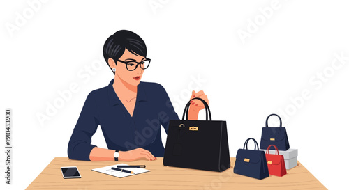 Sophisticated woman with glasses examining a collection of luxury designer handbags on a wooden table, showcasing upscale fashion accessories.