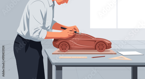 Automotive designer sculpting a clay car model with precision tools in a studio.