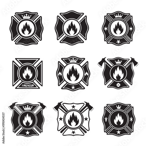 Collection of firefighter emblems and symbols in black and white designs