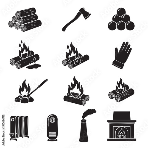 Silhouette drawings of fireplace tools and heating elements for winter season
