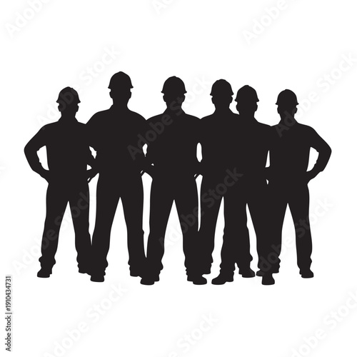 Silhouette of Construction Workers or Team with Hard Hats on White Background