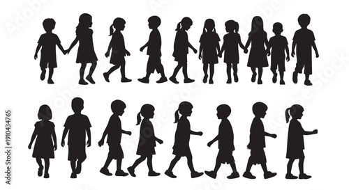 Silhouette of Diverse Group of Children Walking Together on White Background