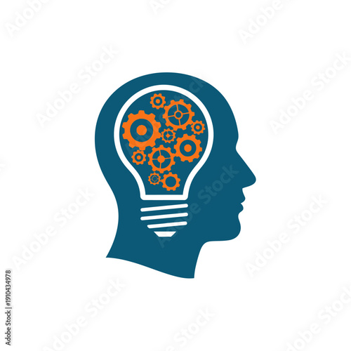 Silhouette of a human head profile containing a lightbulb filled with orange gears