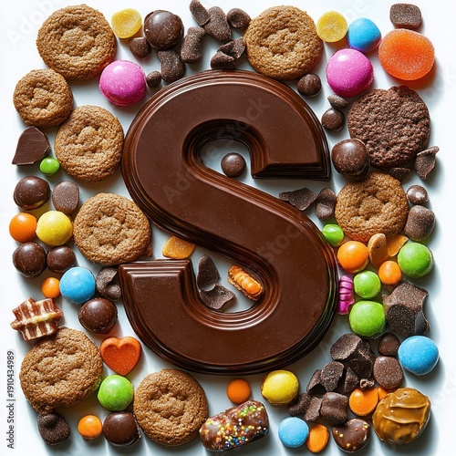 large glossy chocolate letter s surrounded by small round cookies, colorful candy-coated chocolates, chocolate chips, gummy gumdrops, caramels and sprinkle-covered pieces, playful indulgence