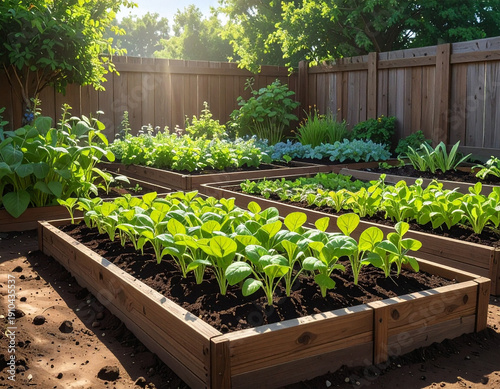 A garden with a wooden fence and a wooden box. The box is filled with plants. The plants are green and healthy