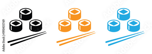 Sushi icon symbol. Sushi sign. Sushi rolls and chopsticks vector icon isolated on white background. 
