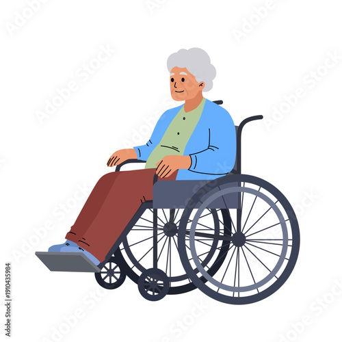 Elderly woman sitting in wheelchair. Flat vector illustration of an elderly woman sitting in a wheelchair. Concept of disability, senior care, rehabilitation, medical assistance, accessibility and sup