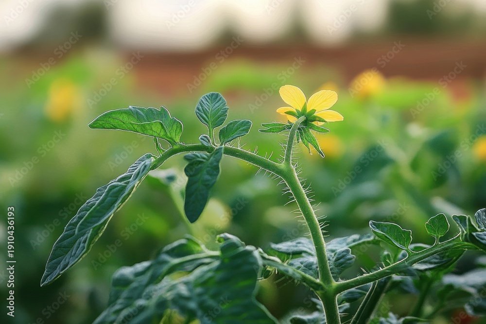 Obraz premium Close-up of a green tomato plant with small yellow flower on a hairy stem, soft warm light and blurred garden background conveying peaceful growth