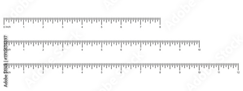 Ruler scale, measuring chart with 8 and, 10, 12 inches with numbers. Set of length measurement distance, height, math. 8inch, 10 inch and 12inch sewing tool
