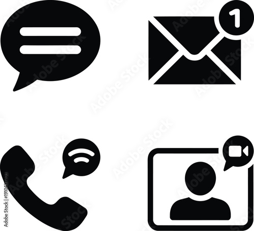 Communication icons set speech bubble envelope phone video call on checkered background