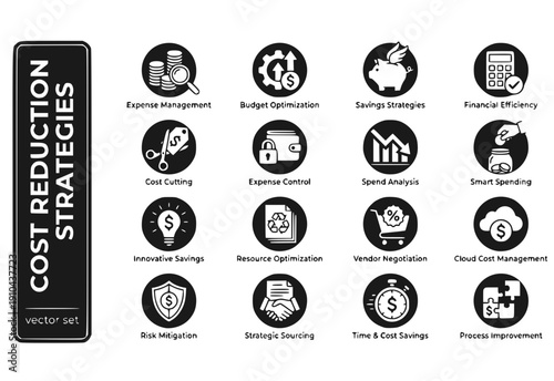 Cost Reduction Strategies Expense Management Vector Illustrations Budget-Optimization Savings Financial-Efficiency Cost-Cutting Expense-Control Vector Set - Cost Management