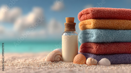 Tranquil beach scene featuring neatly stacked colorful towels and a bottle of sand, surrounded by seashells. the serene ocean and blue sky in the background evoke a sense of summer relaxation and coas