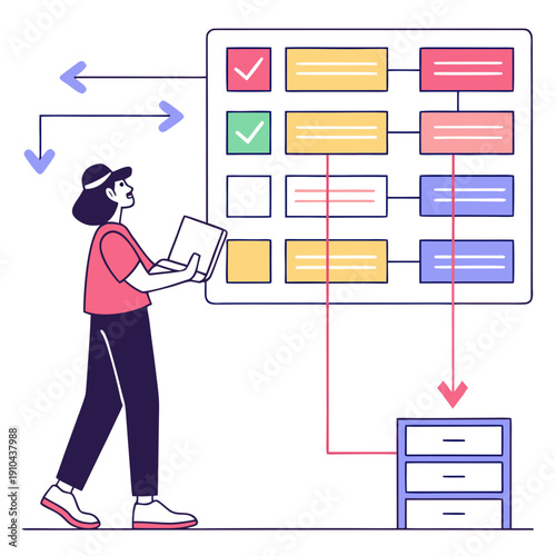 Clean vector illustration depicting instruction scheduling, highlighting the logical flow and optimization of tasks for efficient computer processing, abstract technology concept
