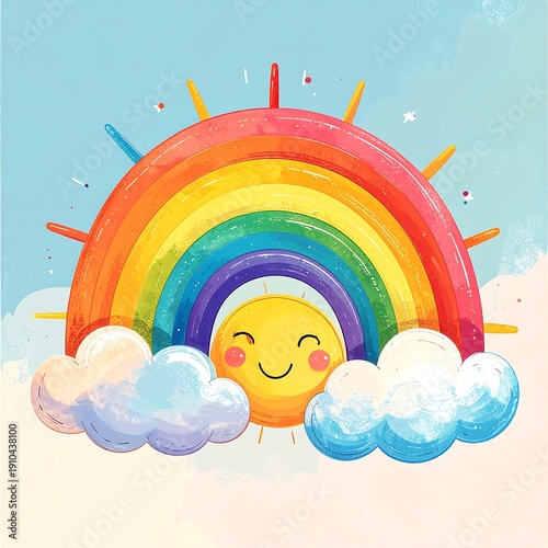 Cartoon rainbow arches over a smiling sun, nestled in fluffy clouds against a watercolor sky