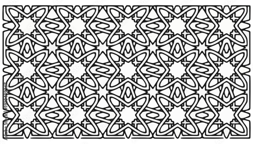 Fototapeta premium Intricate geometric Islamic pattern, a repeating motif of stars and interwoven lines forming a decorative border or background design