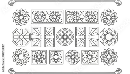 A versatile vector collection of intricate geometric patterns and decorative line art elements, perfect for infusing design projects with timeless elegance and cultural sophistication