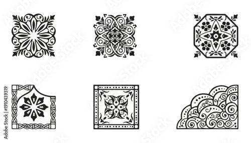 Diverse set of elegant ornamental vector designs showcasing intricate patterns, including floral swirls and geometric shapes, ideal for adding sophistication to creative projects and graphic art